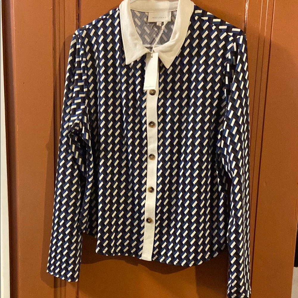 MELLODAY Blue and White Graphic Button Down Shirt